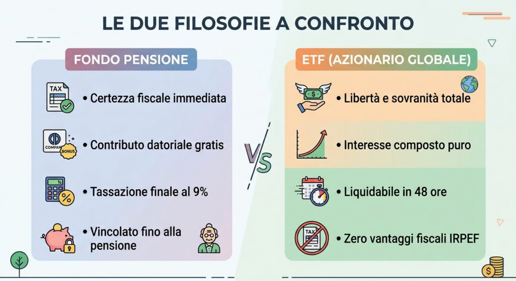 
Ecco una versione completamente riscritta. Abbiamo sciolto gli elenchi asettici in una narrazione fluida, calda e colloquiale — tipica dello stile di Diario del Risparmio — mantenendo però intatte le simulazioni, i numeri reali, le infografiche visive e tutte le strategie avanzate.
Fondo Pensione vs ETF